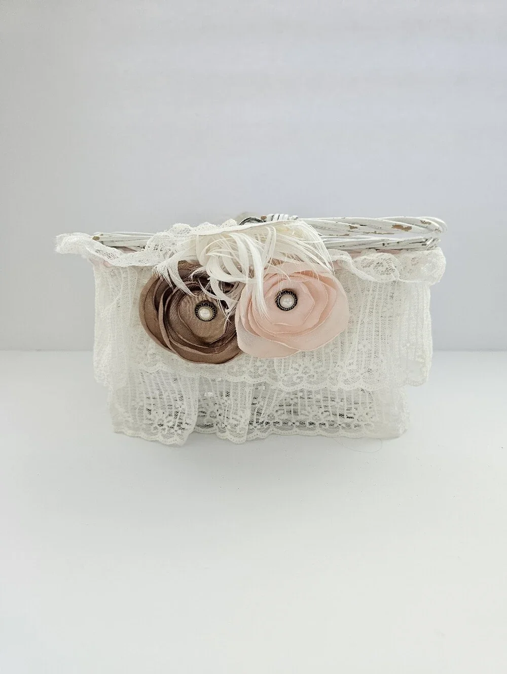 Vintage Shabby Chic Flower Girl Basket Lace Ostrich Feather Cottagecore